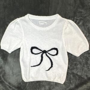 Anthropologie Knit Pullover Sweater White Bow Short Sleeve Crew Neck S